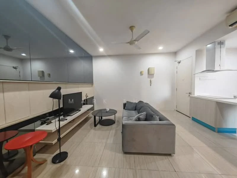 Living features: grey fabric sofa, black coffee table, TV console, wall-mounted TV, lampshade floor lamp, white walls, light-colored cabinetry, recessed downlights, ceiling fan, open layout to kitchen, tile flooring; style: modern.