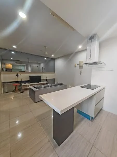 Living features: grey fabric sofa, coffee table, wall-mounted TV, TV console, recessed downlights, ceiling fan, open-plan layout, tile flooring, white painted walls, kitchen island with white countertop, built-in oven, stainless-steel range hood, kitchen cabinetry; style: modern.