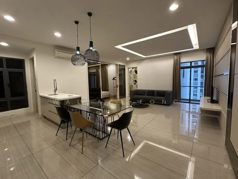 Living features: grey fabric sofa, black coffee table, TV console, wall-mounted TV, floor-to-ceiling windows, curtains, recessed downlights, tray ceiling, marble tile flooring, decorative wall paneling; style: modern; view: city. Dining features: glass dining table, 4 black dining chairs, pendant lighting, open kitchen layout; style: modern. Kitchen features: stainless-steel sink, chrome pull-down faucet, kitchen cabinetry, countertop, built-in appliances; style: modern.