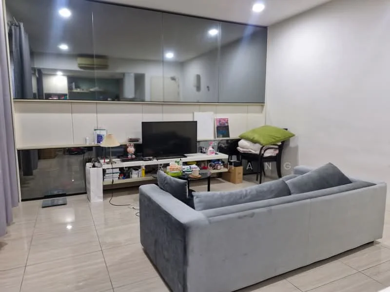 Living features: grey fabric sofa, coffee table, wall-mounted TV, TV console, lampshade, built-in cabinetry, glass wall, recessed lighting, tile flooring, curtains, decorative cushions; style: modern.