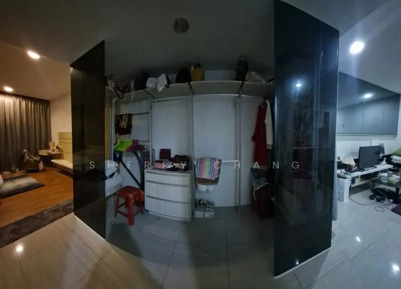 Room features: built-in wardrobe with sliding doors, white cabinetry, marble tile flooring, grey accent wall, wooden flooring visible in background, desk with computer setup, red plastic chair, hanging clothes, various items on shelves; style: modern.