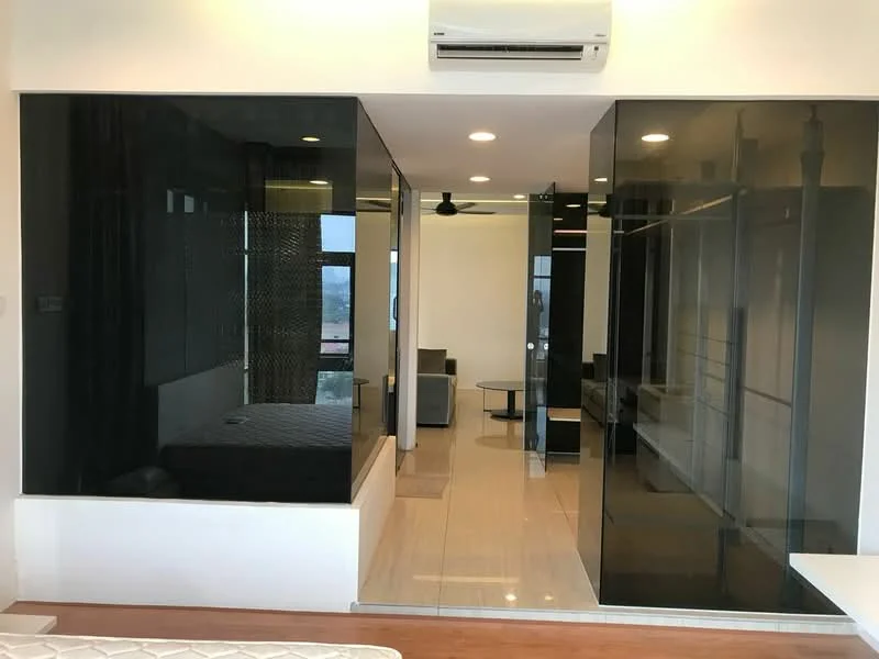 Room features: glass partition walls, white painted walls, recessed downlights, ceiling fan, tile flooring, large windows, open layout, modern design; style: modern; view: city.