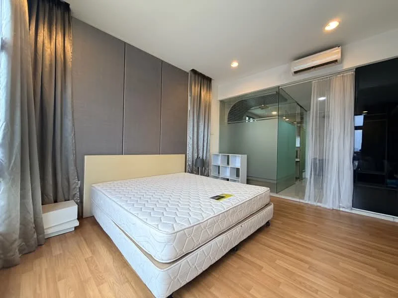 Bedroom features: queen-size bed base without mattress, grey upholstered headboard, wooden flooring, floor-to-ceiling windows, sheer curtains, blackout curtains, air conditioning unit, built-in wardrobe with sliding doors, decorative wall paneling, recessed downlights; style: modern.