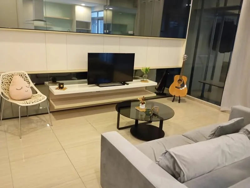 Living features: grey fabric sofa, round black coffee table, wall-mounted TV, white TV console, decorative plant, acoustic guitar, floor-to-ceiling windows, light-colored tiled flooring, sheer curtains, decorative pillow with animal design, modern accent chair; style: modern.