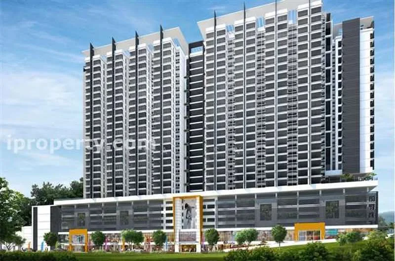 Exterior type: high-rise condominium; features: glass curtain wall, grey and white facade, multiple recessed balconies, commercial space at ground level, landscaped area in front, surrounded by greenery; style: modern.