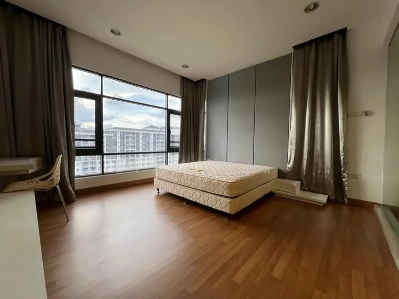 Bedroom features: queen-size bed base without mattress, large floor-to-ceiling windows, grey curtains, wooden flooring, plain wall with grey paneling, air conditioning unit, study desk, chair; style: modern; view: city.
