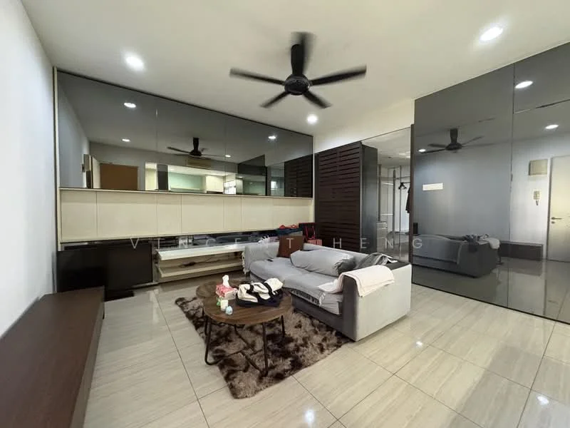 Living features: 3-seater fabric sofa in light grey, coffee table, area rug with geometric pattern, wall-mounted TV, TV console, mirrored wall, ceiling fan with light, recessed downlights, cream painted walls, glossy tile flooring, built-in cabinetry, decorative items on table; style: modern.