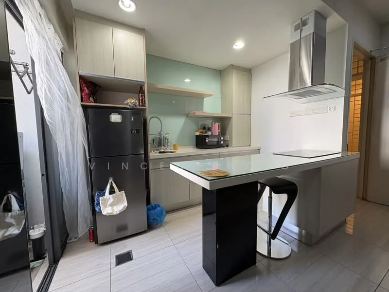 Kitchen features: grey cabinetry, white countertop, stainless-steel single-bowl sink, chrome pull-down faucet, built-in oven, stainless-steel range hood, refrigerator, glass backsplash, bar seating with black stool, tile flooring, under-cabinet lighting, open shelving, window with sheer curtains; style: modern.