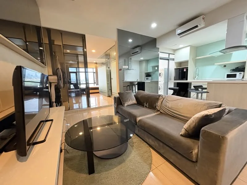 Living features: 3-seater fabric sofa in grey, glass coffee table, wall-mounted TV, TV console, area rug, floor-to-ceiling windows, air conditioning unit, open-plan layout, recessed downlights, light-colored walls, wooden flooring; style: modern; view: city. Kitchen features: stainless-steel fridge, built-in oven, microwave, kitchen cabinets, countertop, sink, stainless-steel range hood, 4-burner gas hob; style: modern.