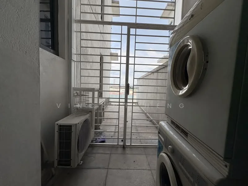 Laundry features: washing machine, tumble dryer, wall-mounted split AC, sliding security gate, grey tiled flooring, white walls, window with view, outdoor space; view: city.