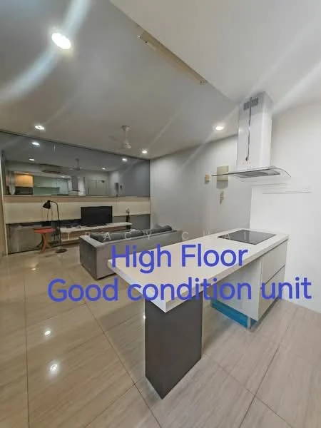 Kitchen features: white cabinetry, grey countertop, stainless-steel sink, chrome pull-down faucet, built-in oven, stainless-steel range hood, ceramic tile flooring, recessed downlights, wall-mounted split AC, open shelving, kitchen island, bar stools; style: modern. Living features: 3-seater fabric sofa, coffee table, TV console, wall-mounted TV, area rug, ceiling fan, recessed downlights; style: modern.