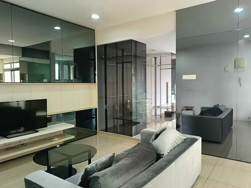 Living features: grey fabric sofa, black coffee table, wall-mounted TV, entertainment unit with storage, mirrored wall panels, light-colored wall with built-in cabinetry, recessed downlights, glossy floor tiles; style: modern.