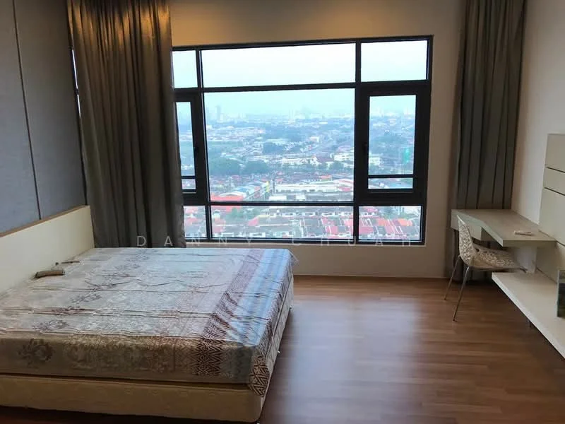 Bedroom features: queen-size bed, wooden flooring, large floor-to-ceiling windows, city view, light grey painted walls, built-in desk, minimalist design, decorative wall paneling; style: modern; view: city.