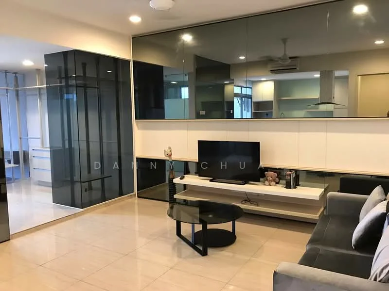 Living features: grey fabric sofa, black circular coffee table, wall-mounted TV, white entertainment unit, large mirror on wall, recessed downlights, cream tiled flooring, glass partition, air conditioning unit; style: modern.
