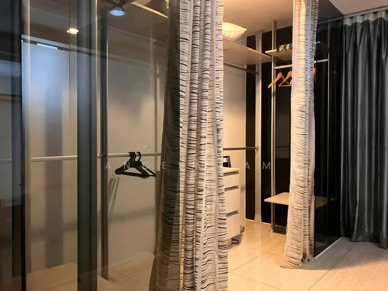 Room features: glass partition, curtains with vertical stripes, hanging clothes rack, built-in shelving, drawer unit, tile flooring, ceiling light fixture; style: modern.