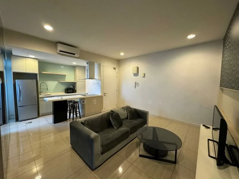 Living features: grey fabric sofa, round black coffee table, wall-mounted TV, TV console, recessed downlights, cream painted walls, glossy tile flooring, air conditioning unit; style: modern. Kitchen features: stainless-steel fridge, built-in oven, 4-burner gas hob, kitchen island with seating, white cabinetry, black countertop, sink with faucet, tile backsplash; style: modern.