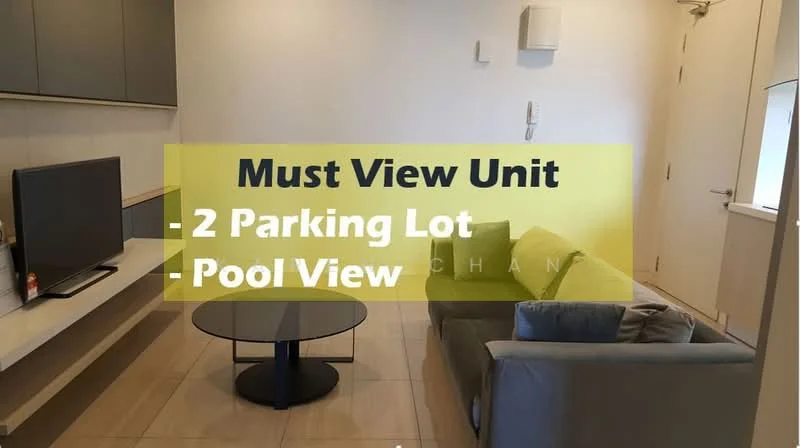 Living features: grey fabric sofa, coffee table, wall-mounted TV, built-in cabinetry, light-colored walls, tile flooring, air conditioning unit, floor-to-ceiling windows, curtains; style: modern; view: pool.