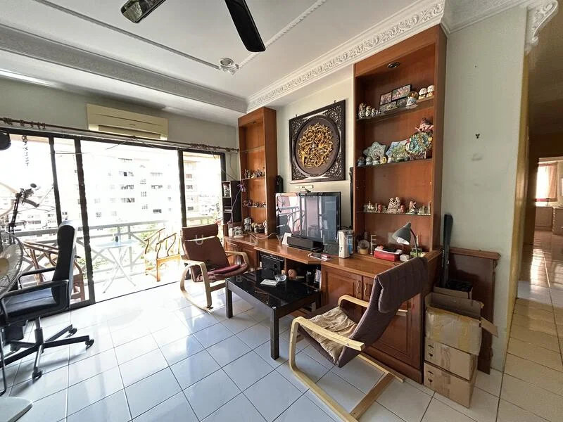 Living features: white painted walls, tile flooring, 5-blade ceiling fan, floor-to-ceiling windows, sliding glass door, wooden shelving unit, decorative wall art, TV console, black coffee table, two wooden chairs, exercise bike, decorative figurines, curtains, air conditioning unit; style: modern; view: city.