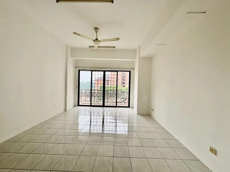 Living features: white painted walls, glossy ceramic tile flooring, 5-blade ceiling fan, floor-to-ceiling windows, sliding glass door, natural light from windows, view of balcony, open layout; view: city.