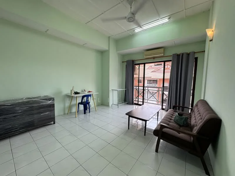 Living features: light green painted walls, white tiled flooring, 5-blade ceiling fan, sofa with upholstered backrest, coffee table, dining table with chair, sliding glass door, curtains, air conditioning unit; style: modern.