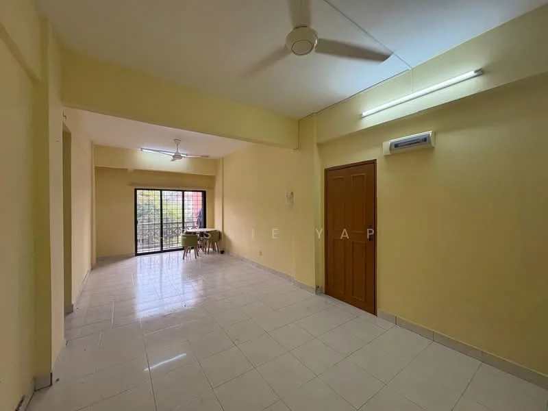Room features: cream painted walls, white tiled flooring, ceiling fan, recessed LED downlights, large window with grille, wooden door, open layout, natural light; style: modern; view: garden.