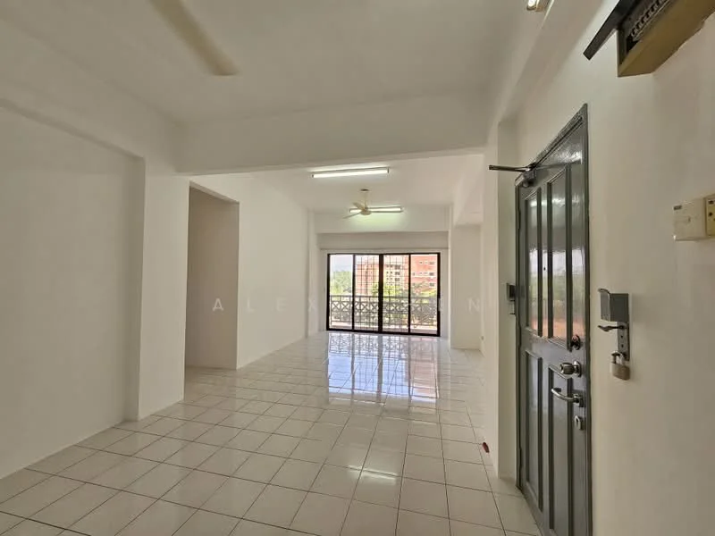 Room features: white painted walls, glossy white tile flooring, ceiling fan, large sliding glass door, floor-to-ceiling windows, natural light, open layout, neutral color scheme; style: modern; view: city.