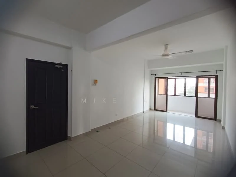 Living features: white painted walls, glossy ceramic tile flooring, ceiling fan, large windows with brown frames, natural light from windows, neutral color scheme, open layout, no visible furniture; style: modern.