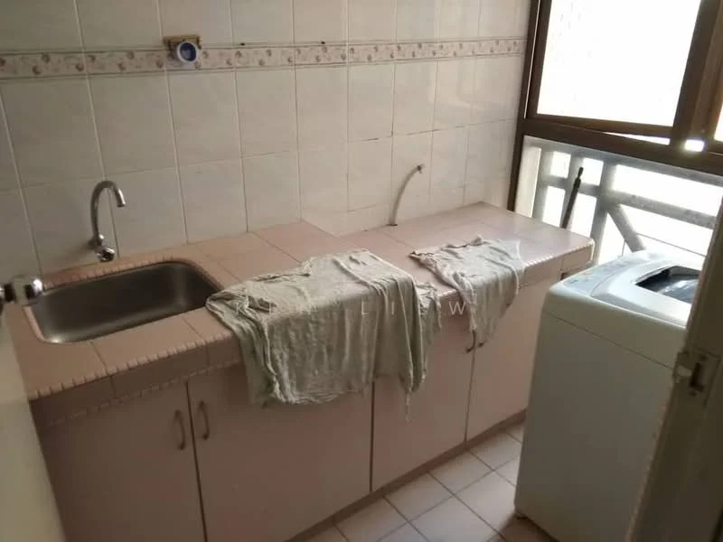 Laundry features: single-bowl stainless-steel sink, pink countertop, built-in cabinetry, washing machine, tile flooring, white walls, window for natural light, laundry area with space for drying clothes.
