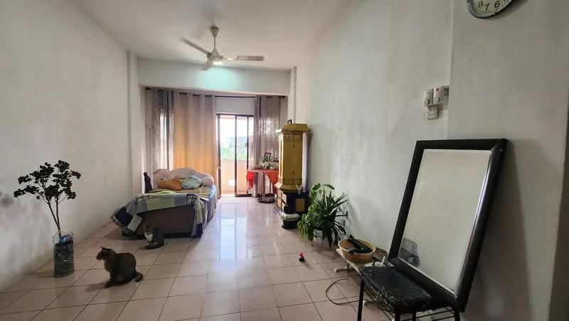 Room features: white painted walls, tiled flooring, ceiling fan, sliding glass door, curtains, bed with bedding, wooden cabinet, mirror, potted plants, decorative plant, small table, cat; style: minimalist; view: garden.