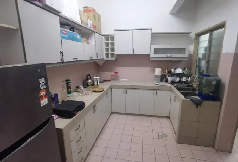 Kitchen features: grey laminate cabinetry, light pink tiled backsplash, cream countertop, stainless-steel fridge, built-in microwave, sink with faucet, kettle, blender, dish rack, various kitchen utensils, tile flooring in light pink, window with glass panel, open shelving; style: modern.