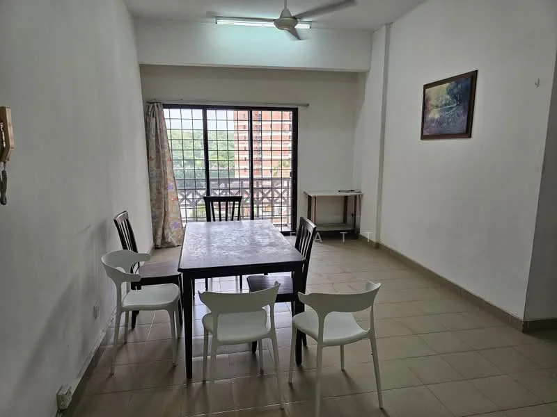 Dining features: dining table with white surface, 4 white dining chairs, floor-to-ceiling windows, curtains with floral pattern, light grey tiled flooring, white painted walls, ceiling fan, wall-mounted artwork; style: minimalist; view: city.