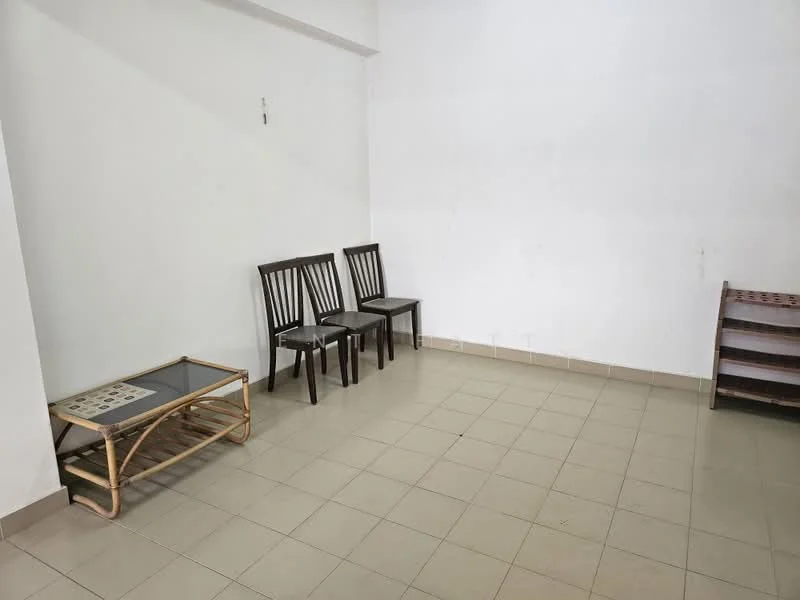 Room features: white painted walls, tile flooring, 3 wooden chairs, rattan coffee table, wooden shelving unit, empty space; style: minimalist.