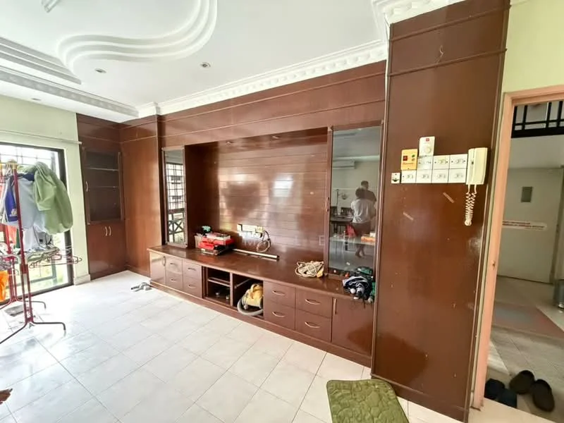 Living features: white painted walls, brown wooden feature wall, tile flooring, recessed ceiling with crown moulding, built-in cabinetry, open shelving, window with grille, natural light from window, clothes rack, various items on floor; style: modern.