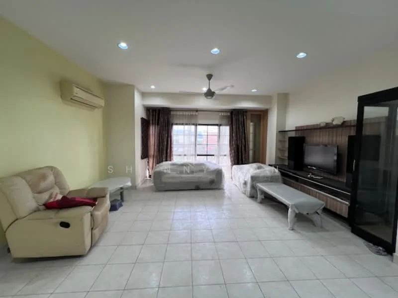 Living features: cream painted walls, white ceiling, 5-blade ceiling fan with light, floor-to-ceiling windows, curtains, light-colored tiled flooring, 2-seater beige leather sofa, coffee table, TV console, wall-mounted TV, decorative wall paneling; style: modern; view: city.