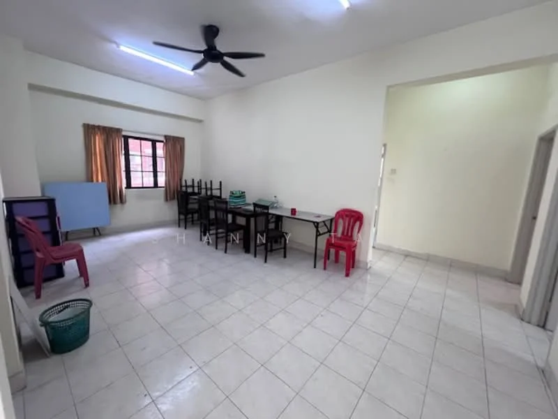 Room features: white painted walls, tiled flooring, ceiling fan, window with curtains, dining table, stacked chairs, plastic chairs in red, waste basket, light fixtures, open layout; style: minimalist.
