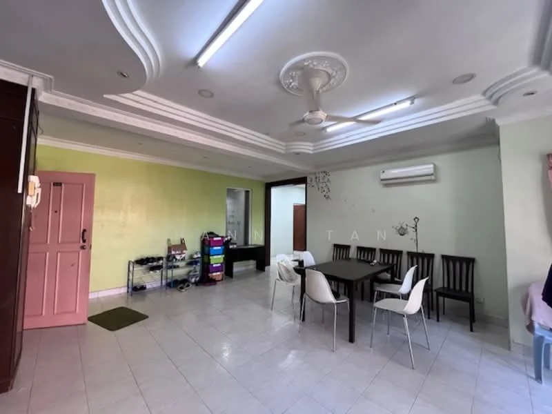 Dining features: white tiled flooring, green painted walls, tray ceiling with recessed lighting, 5-blade ceiling fan, dining table with four chairs, sideboard with storage, air conditioning unit, doorway leading to another room, decorative wall art, open layout; style: modern.