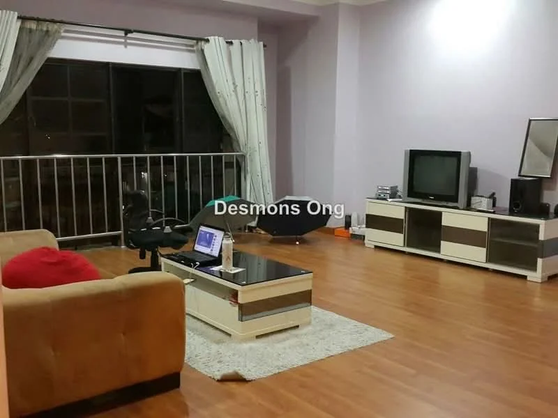 Living features: light purple painted walls, laminate flooring, floor-to-ceiling windows, sheer curtains, 3-seater fabric sofa in beige, red accent pillow, coffee table with black top and white base, area rug, TV console with storage, wall-mounted TV, computer desk with chair, decorative items on console; style: modern; view: city.