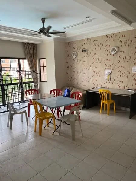 Dining features: white tiled flooring, light grey walls with floral wallpaper, ceiling with recessed lighting, 5-blade ceiling fan, dining table with metal legs, 4 plastic chairs in red, 2 plastic chairs in yellow, black wooden side table, window with sheer curtains, open view to outdoor area; style: modern; view: garden.