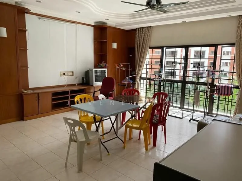 Living features: cream painted walls, tray ceiling, ceiling fan, large windows with black metal grilles, tile flooring, built-in wooden cabinetry, dining table with chairs, clothes drying rack, TV console, area rug; style: modern; view: garden.