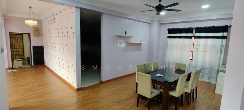 Living features: laminate flooring, light purple painted walls, ceiling fan with light, dining table with 6 upholstered chairs, black dining table, wall-mounted shelf, black and white curtains, decorative wall with patterned wallpaper, recessed lighting; style: modern. Room features: laminate flooring, light purple painted walls, open layout.