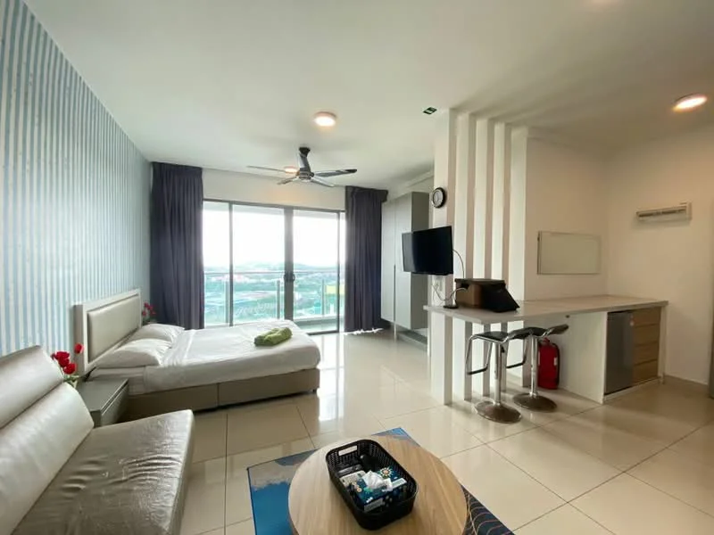 Living features: queen-size bed, upholstered headboard, 2-seater leather sofa, coffee table, wall-mounted TV, desk with chair, floor-to-ceiling windows, curtains, ceiling fan, recessed downlights, white painted walls, tile flooring, air conditioning unit; style: modern; view: city.