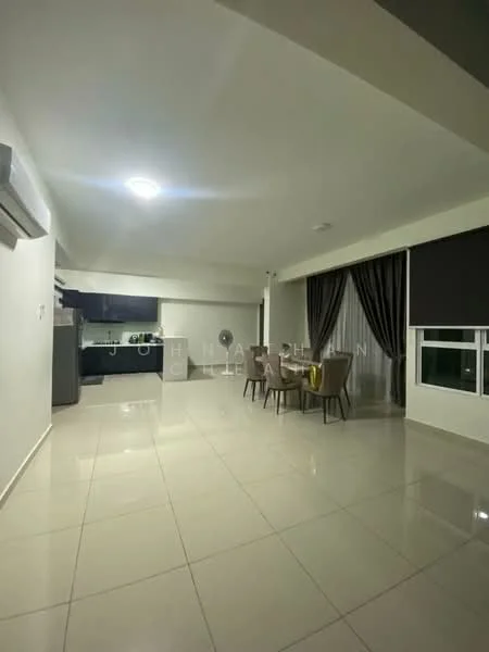 Living features: white painted walls, glossy tile flooring, recessed ceiling lights, floor-to-ceiling windows, blackout curtains, air conditioning unit, dining table with four chairs, kitchenette with dark cabinetry, kitchen appliances visible; style: modern.