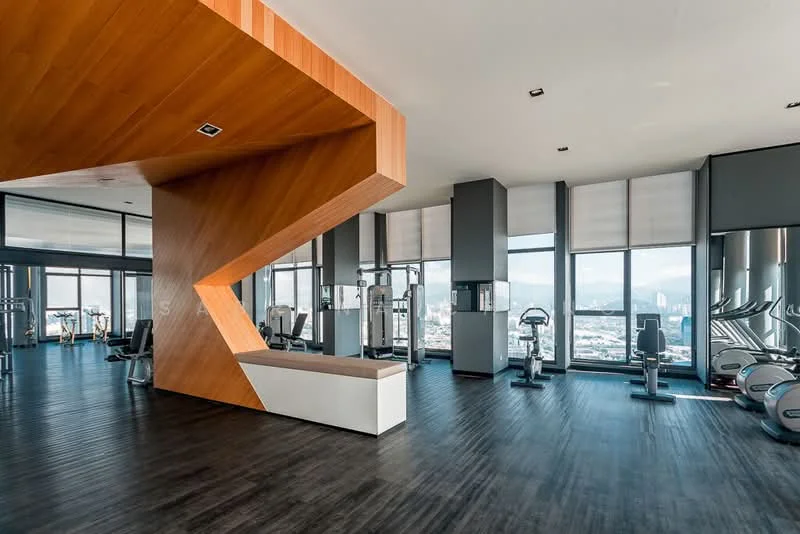 Room features: wood paneling on walls, large windows with city view, black wooden flooring, modern gym equipment, fitness machines, cardio equipment, open layout, recessed lighting, high ceiling, decorative feature wall; style: modern; view: city.
