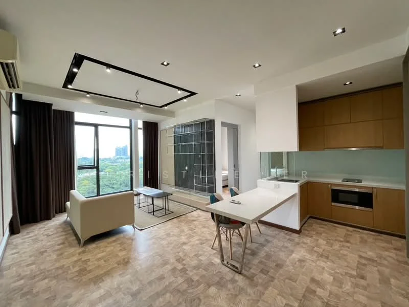 Living features: floor-to-ceiling windows, brown curtains, light wood flooring, recessed downlights, modern ceiling design with integrated lighting, sofa in light color, dining table with multi-colored chairs, kitchenette with built-in cabinetry, stainless-steel built-in oven, glass backsplash, open layout, view of greenery; style: modern; view: garden. Kitchen features: white cabinetry, glass countertop, stainless-steel sink, built-in microwave, kitchen island with seating; style: modern.