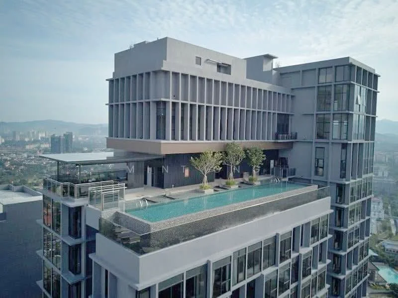 Exterior type: high-rise condominium; features: infinity pool, pool deck with loungers, recessed balconies, glass curtain wall, exposed concrete facade, landscaped terrace with trees, multiple storeys, urban skyline view in background; style: modern.