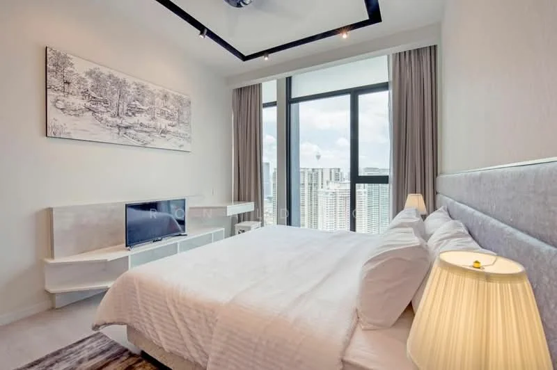 Bedroom features: king-size bed, upholstered headboard, white bedding, nightstand with lamp, table lamp, wall-mounted TV, floor-to-ceiling windows, curtains, decorative artwork on wall, recessed ceiling lights, carpet flooring; style: modern; view: city.