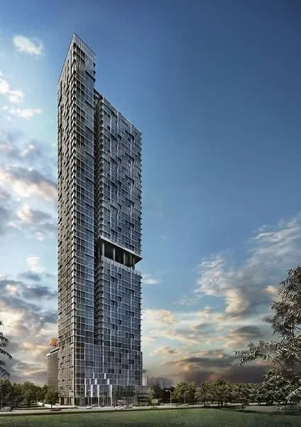 Exterior type: high-rise condominium; features: glass curtain wall, projecting balconies, approximately 30-storey high-rise, manicured lawn, surrounded by mature greenery, modern architectural design; style: modern.