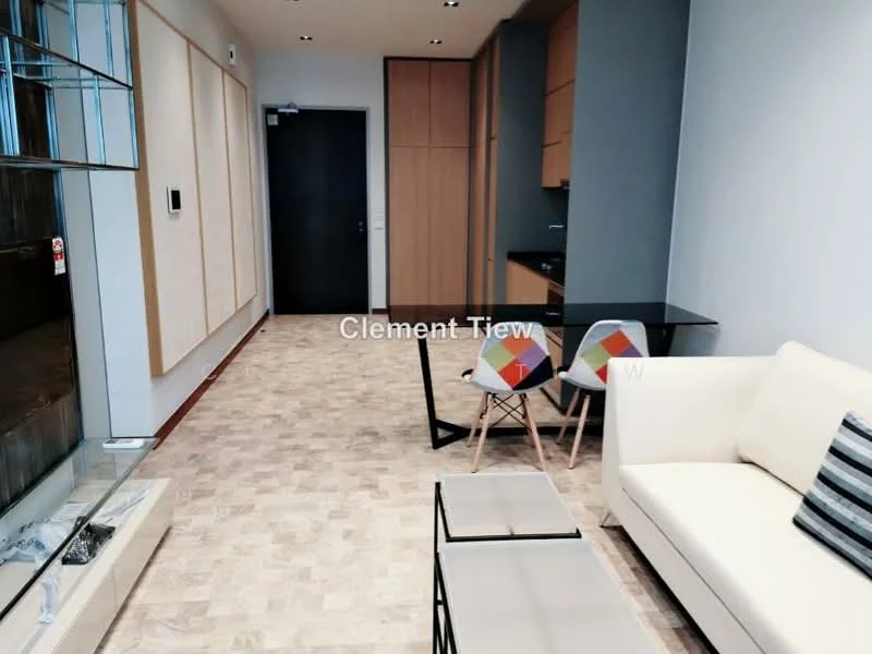 Living features: light wood flooring, white walls, sofa in cream, decorative throw pillows, coffee table with metal legs, dining table with black legs, two dining chairs with colorful upholstery, built-in cabinetry, recessed lighting, wall-mounted TV, open layout to kitchen, large windows for natural light; style: modern.