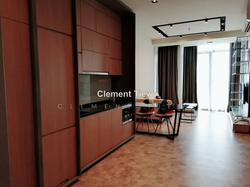 Kitchen features: wood cabinetry, black countertop, built-in oven, stainless-steel sink, chrome pull-down faucet, ceramic tile flooring, recessed downlights, open shelving, dining table with chairs, floor-to-ceiling windows with sheer curtains; style: modern; view: city.