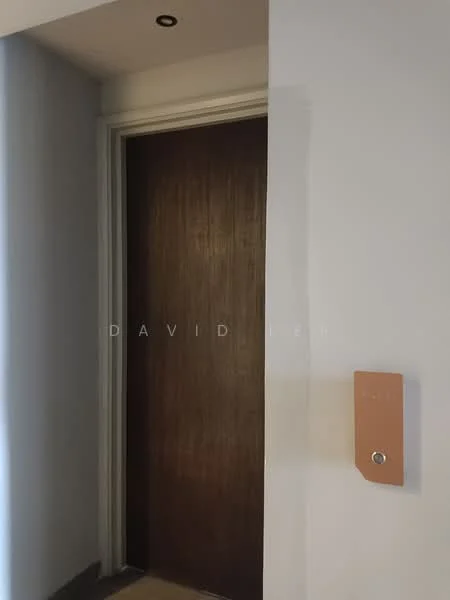 Room features: wooden door, light grey painted walls, recessed ceiling lights, doorbell, minimalist door handle, neutral flooring; style: modern.